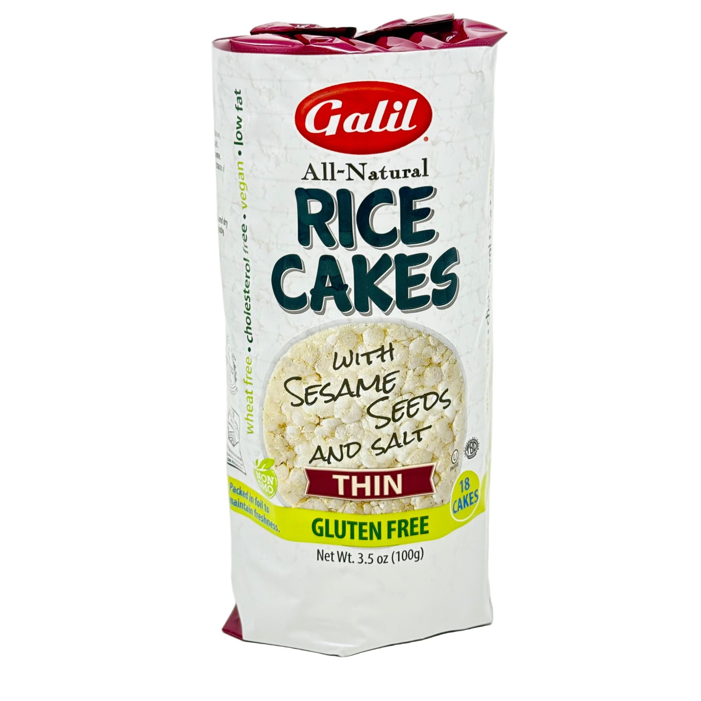 Packaging of Galil All-Natural Rice Cakes with Sesame Seeds and Salt on a white background
