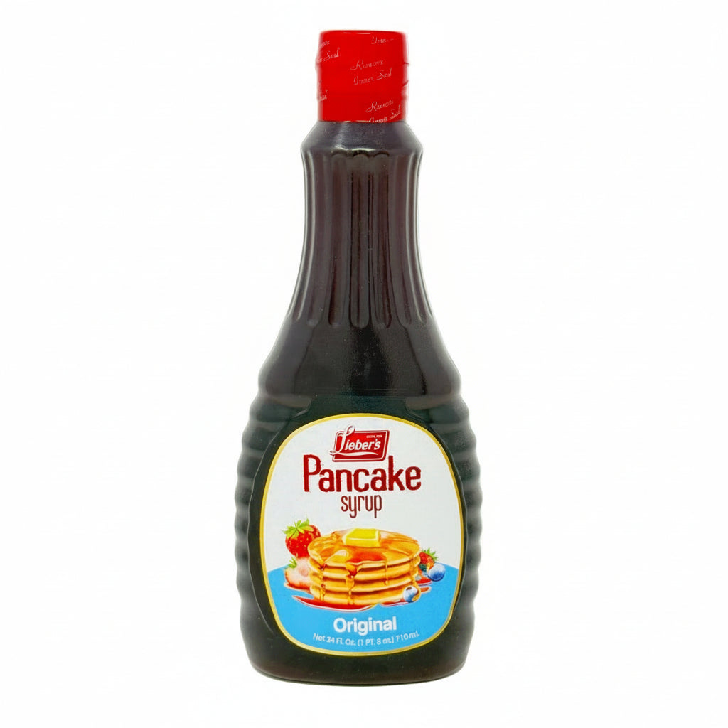 Bottle of Lieber's Pancake syrup on a white background