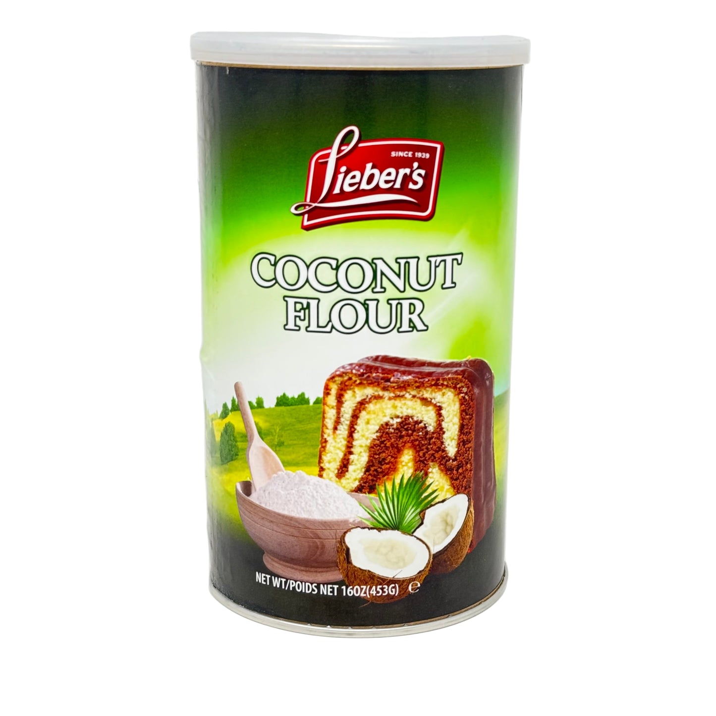 Can of Lieber's coconut flour with a white background