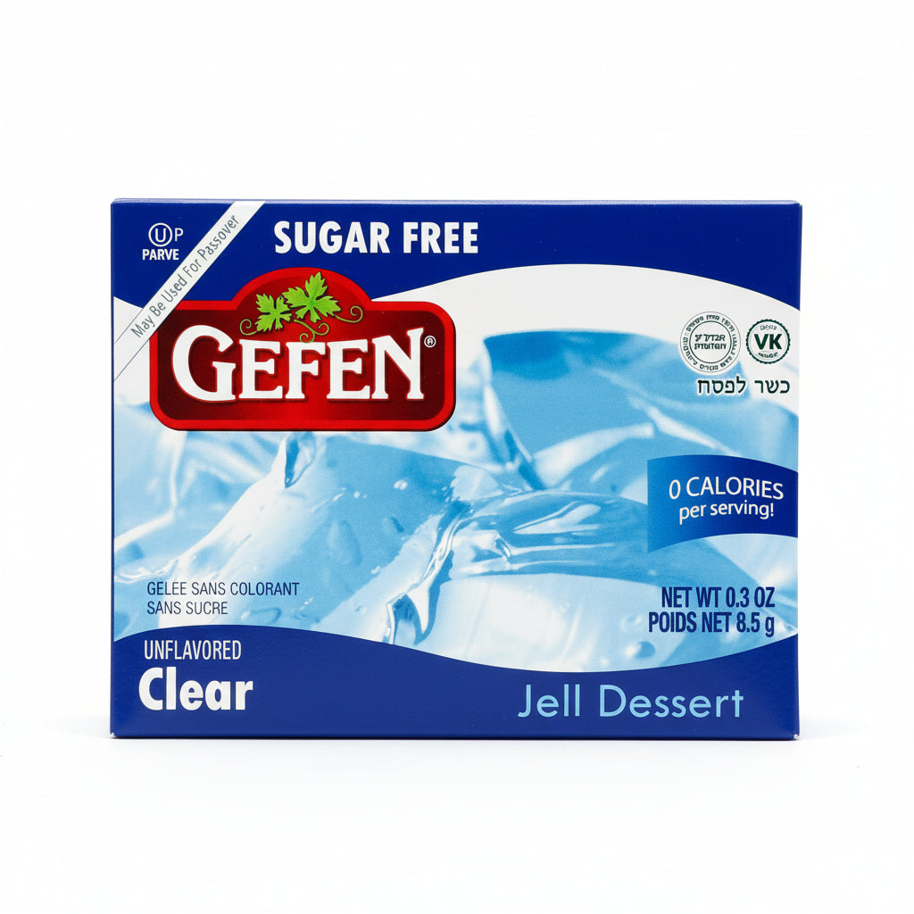 Gefen sugar-free jell dessert package on a white background