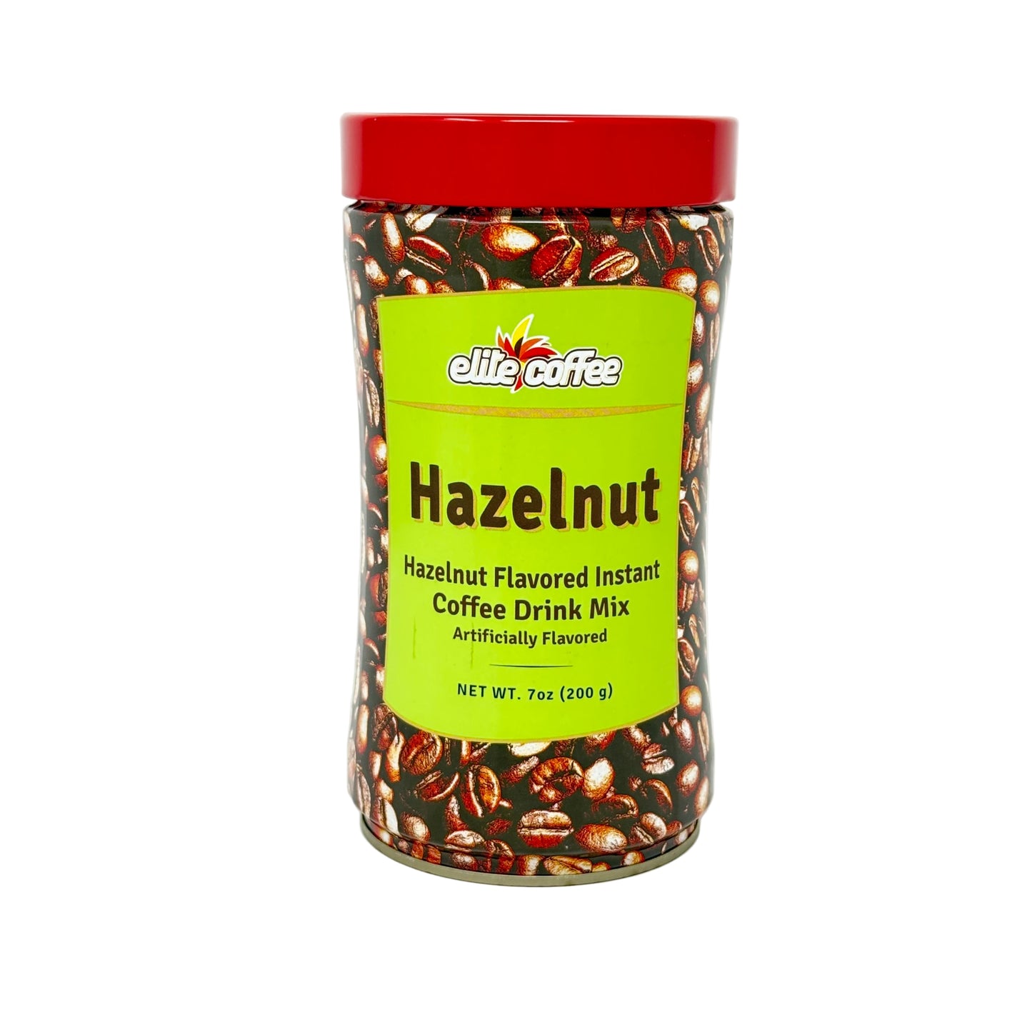 Jar of Elite Coffee Hazelnut flavored instant coffee drink mix on a white background