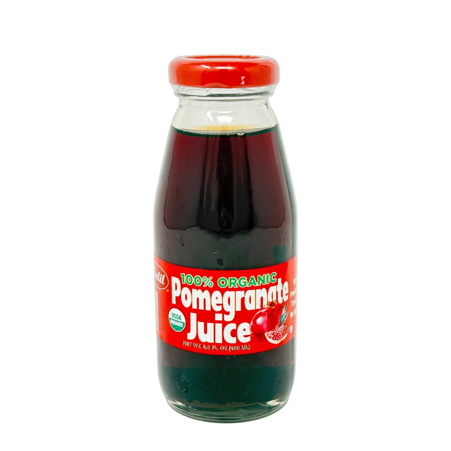 Bottle of 100% Organic Pomegranate Juice on a white background