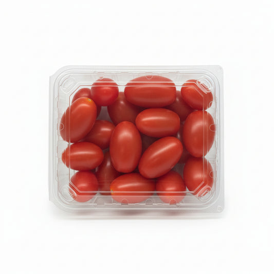 Pack of  cherry tomatoes with a clear container on a white background