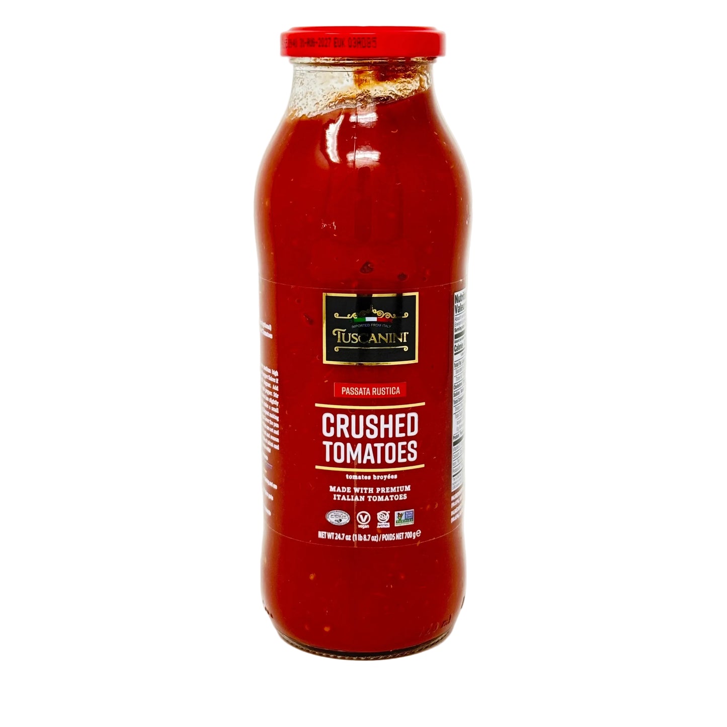 Bottle of Tuscania crushed tomatoes on a white background
