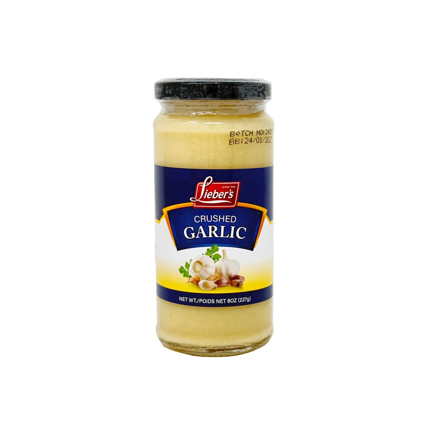 Jar of Lieber's Crushed Garlic on a white background