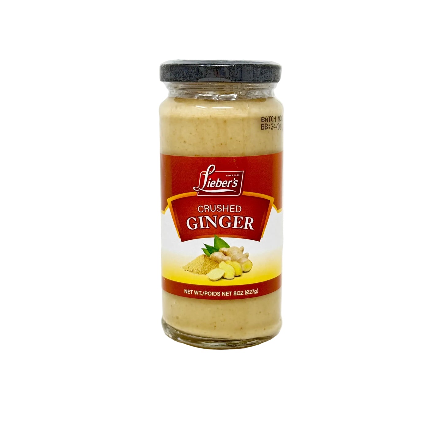 Jar of Lieber's crushed ginger on a white background