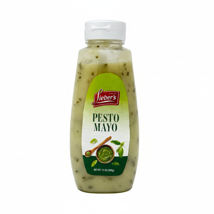 Bottle of Lieber's Pesto Mayo on a white background