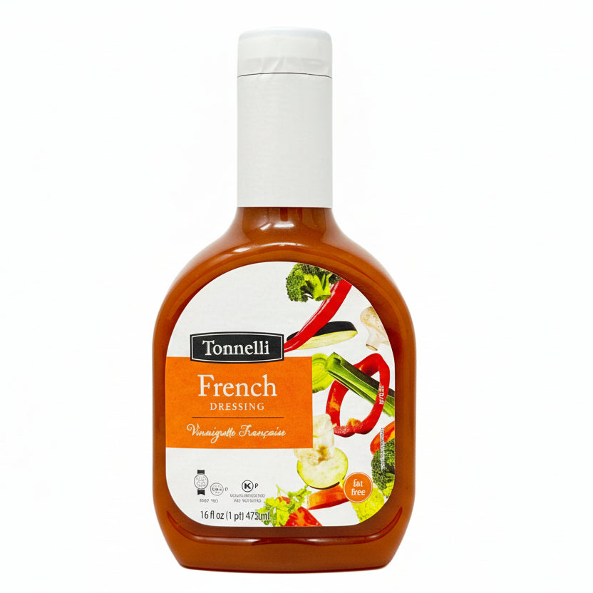 Bottle of Tonnelli French dressing on a white background
