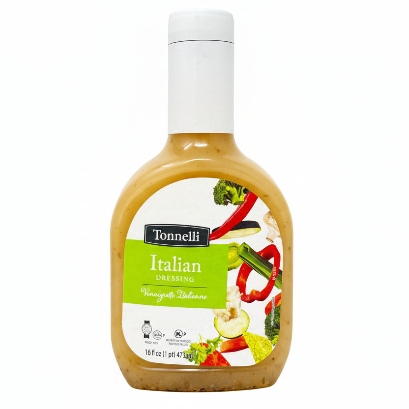 Bottle of Tonnelli Italian dressing on a white background