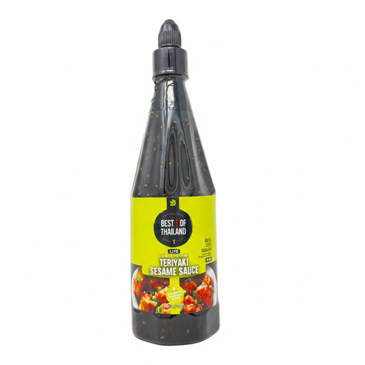 Bottle of teriyaki sesame sauce with a yellow label on a white background