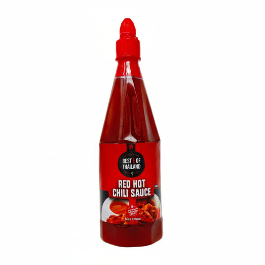 Bottle of red hot chili sauce with a red cap on a white background