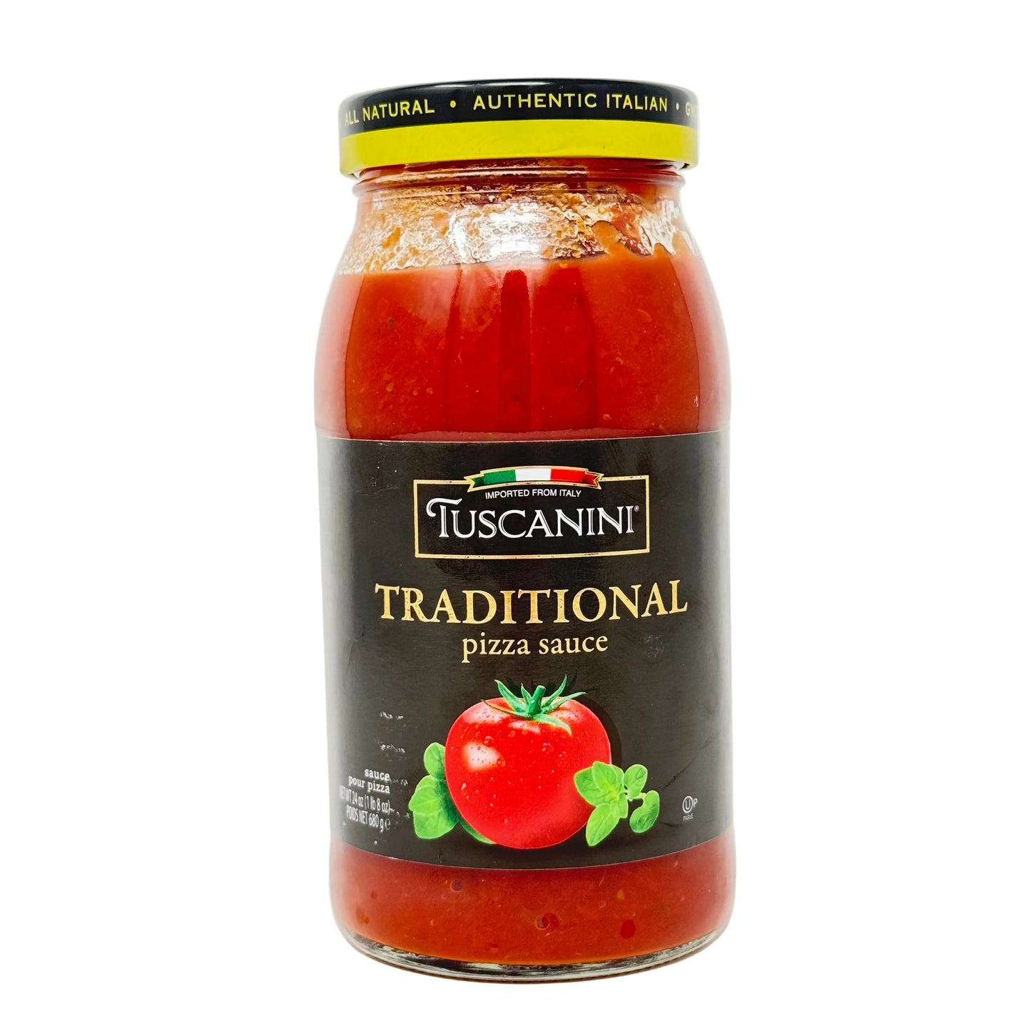 Jar of Tuscanini Traditional pizza sauce on a white background