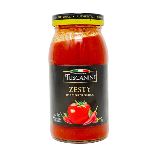 Jar of Tuscanini Zesty marinara sauce on a white background