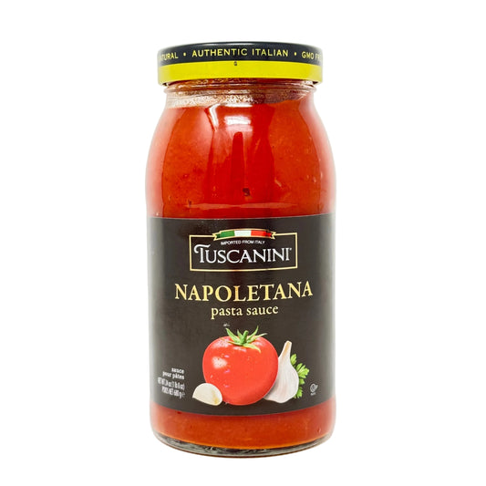 Jar of Tuscanini Napoletana pasta sauce on a white background