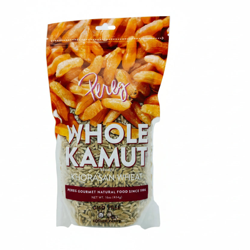 Package of whole kamut wheat with visible brand name on a white background