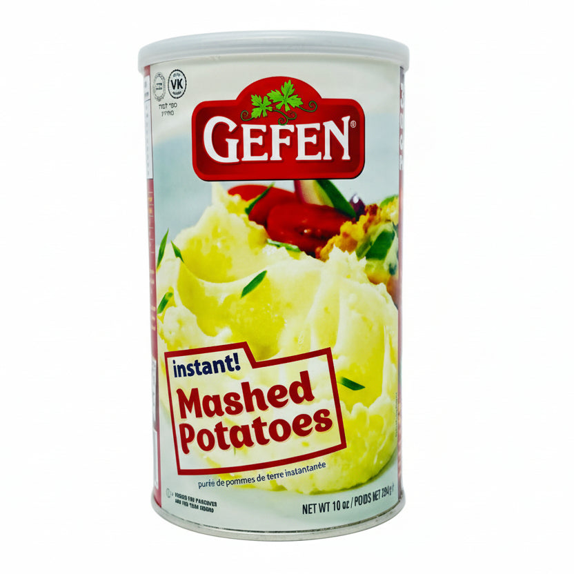 Can of Gefen instant mashed potatoes on a white background