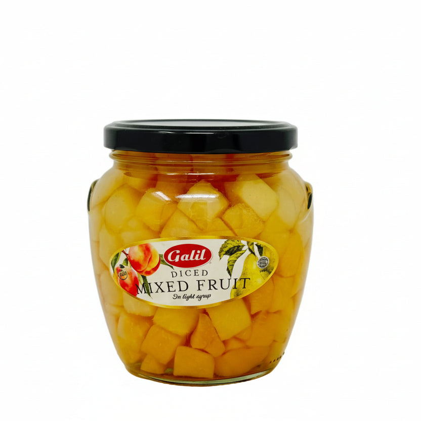 Jar of Galié diced mixed fruit on a white background