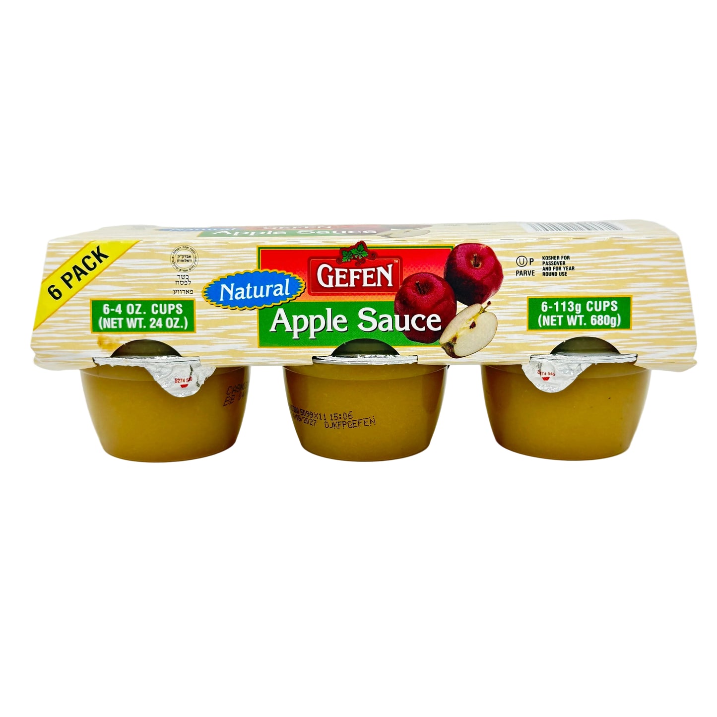Pack of Gefen natural apple sauce cups on a white background
