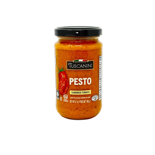 Jar of Tuscanini sundried tomato pesto on a white background