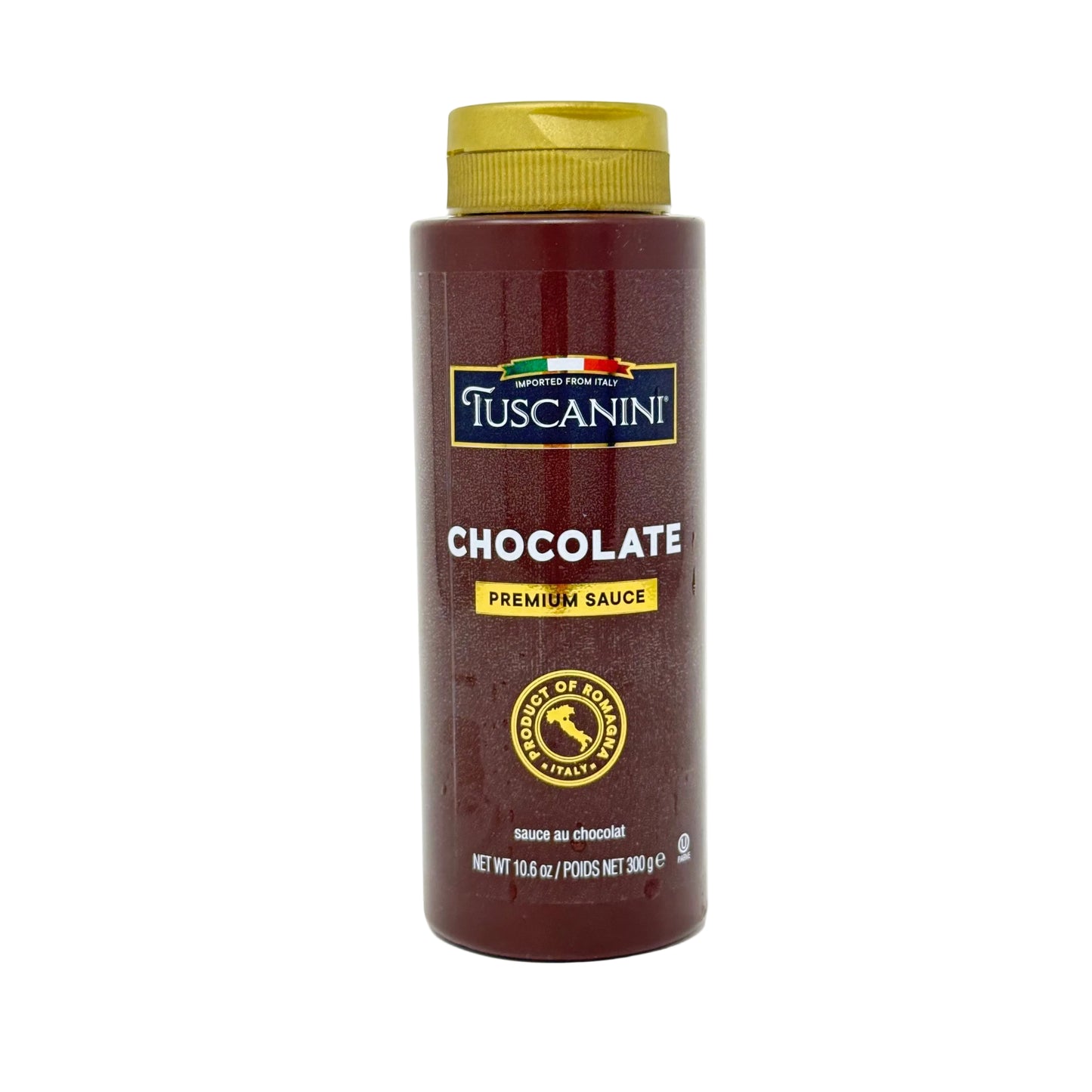 Tuscanini chocolate sauce bottle on a white background