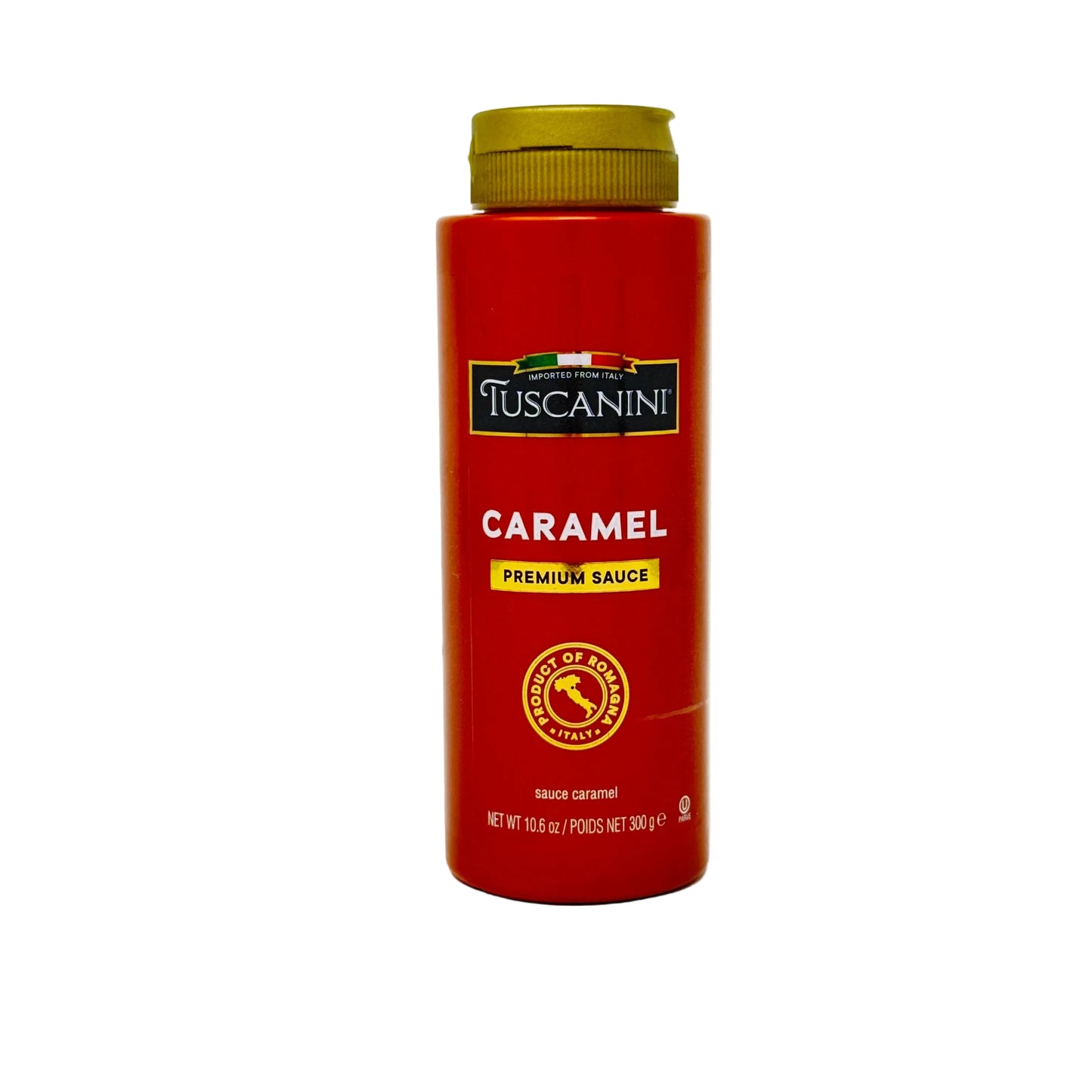 Red bottle of Tuscanini Caramel sauce on a white background