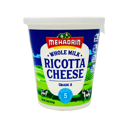 Mehadrin whole milk ricotta cheese container on a white background