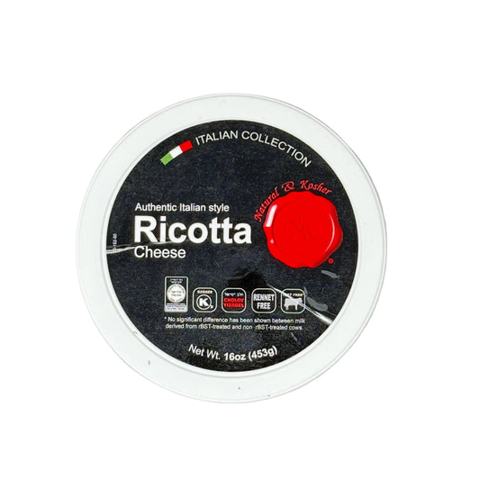 Container of Ricotta Cheese with label on a gray background