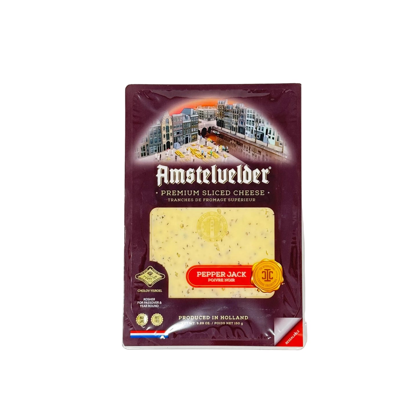 Amstelvelder Pepper Jack cheese packaging on a white background