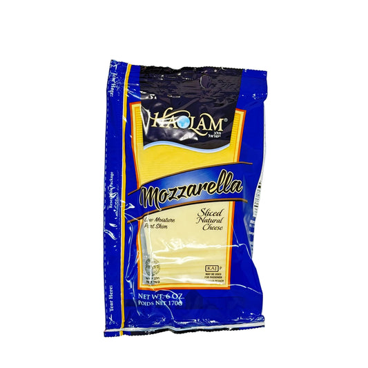 Package of Mozzarella cheese with blue and yellow packaging on a white background