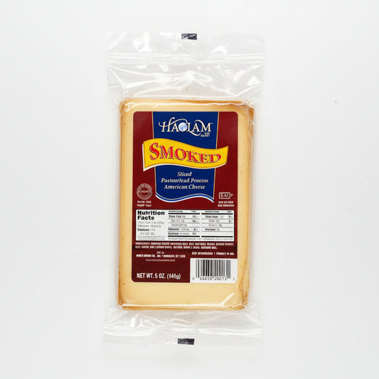 Packaged slice of smoked American cheese with Haalam branding on a white background