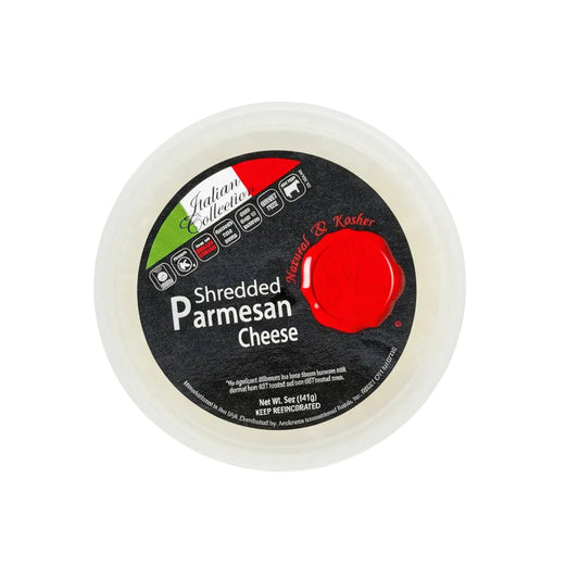 Container of shredded Parmesan cheese with a label on a white background