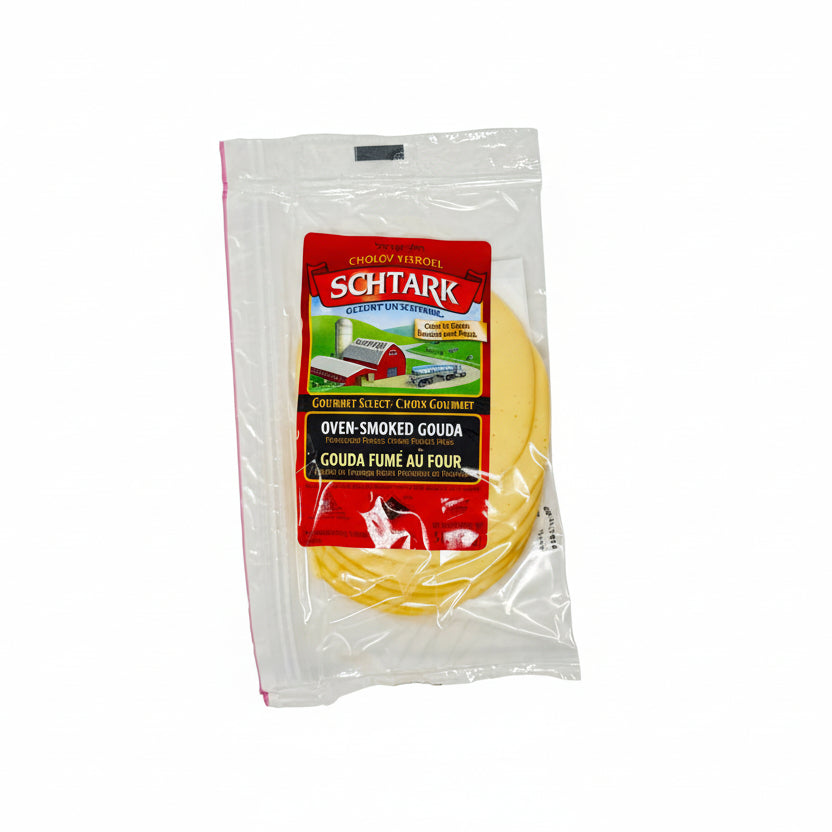 Packaged Schtark Gouda cheese on a white background