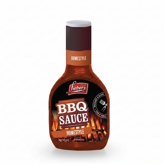 Bottle of Lieber's Homestyle BBQ Sauce on a white background