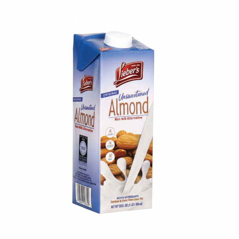 Lieber's Unsalted Almond milk carton on a white background