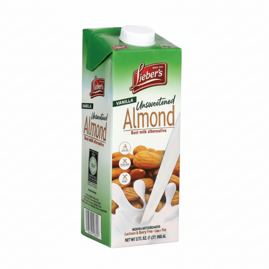 Carton of Leber's Unconventional Almond milk on a white background