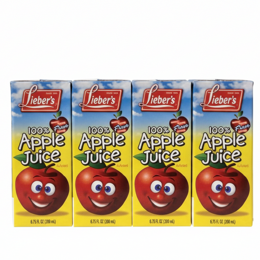 Four boxes of Lieber's Apple Juice with smiling apple graphics on a white background.