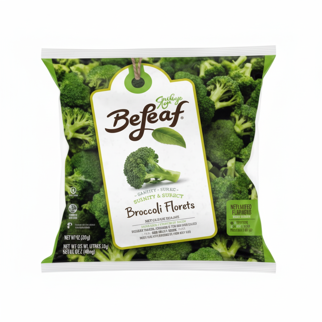 Bag of Befood brand broccoli florets on a white background
