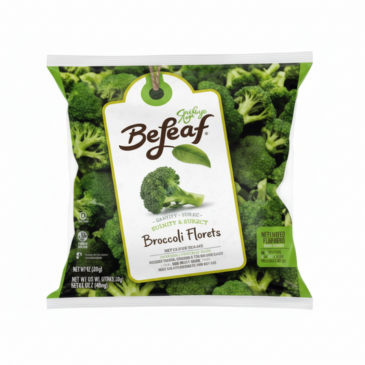 Bag of Befood brand broccoli florets on a white background