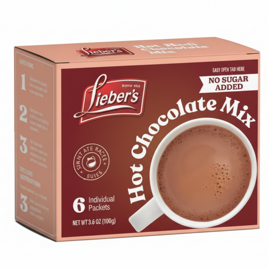 Box of Lieber's Hot Chocolate Mix on a white background