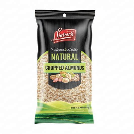 Bag of Lieber's natural chopped almonds on a white background