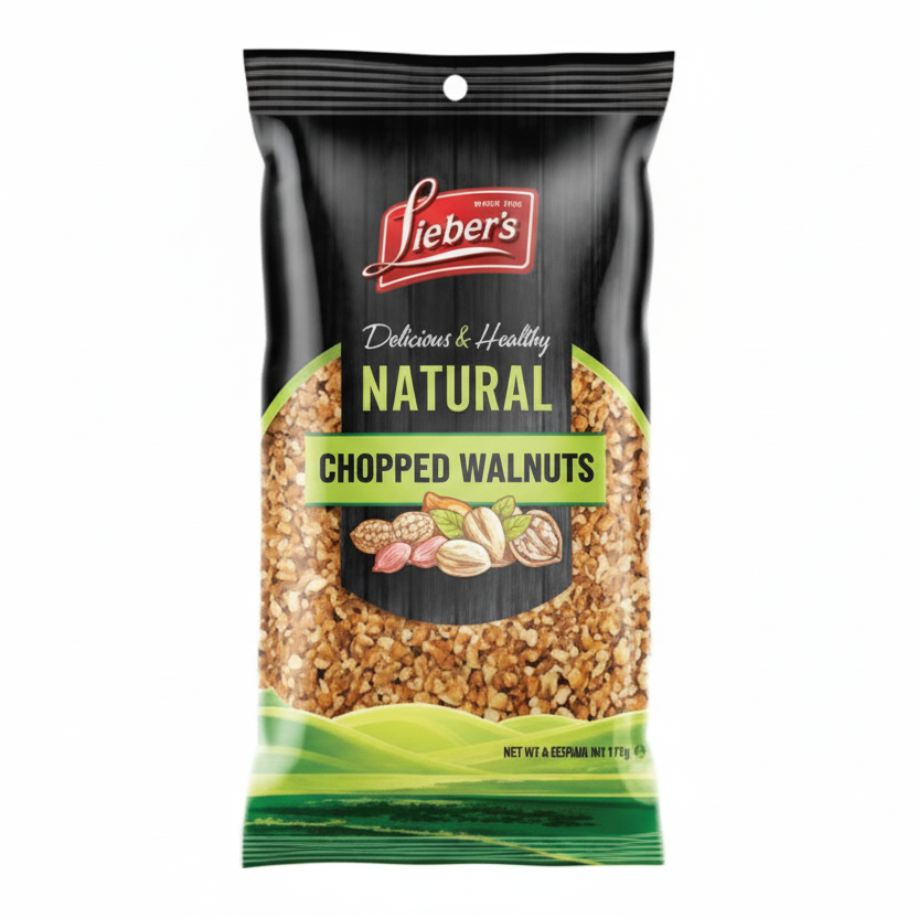 Packaging of Lieber's chopped walnuts on a white background