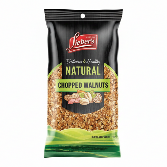 Packaging of Lieber's chopped walnuts on a white background