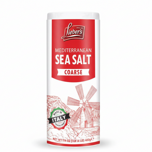 Canister of Lieber's Mediterranean Sea Salt Coarse on a white background