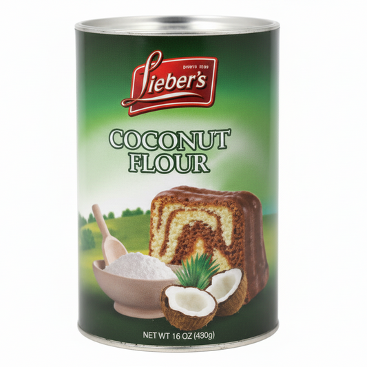 Can of Lieber's coconut flour with a cake and coconut illustration on a white background