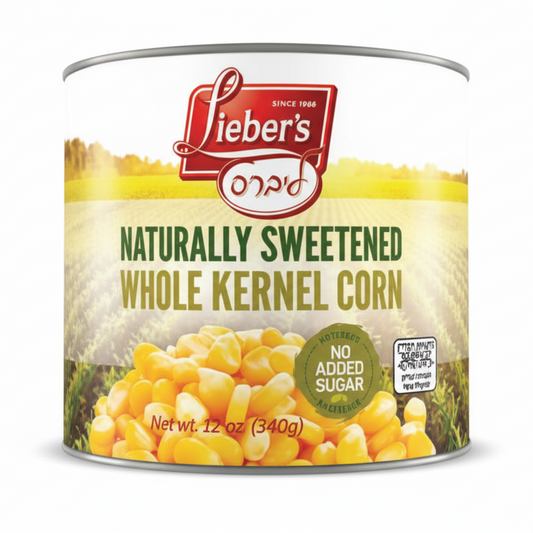 Can of Lieber's Naturally Sweetened Whole Kernel Corn on a white background