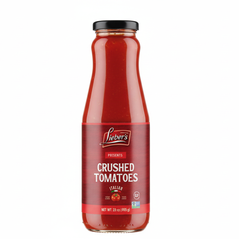 Bottle of Lieber's Crushed Tomatoes on a white background