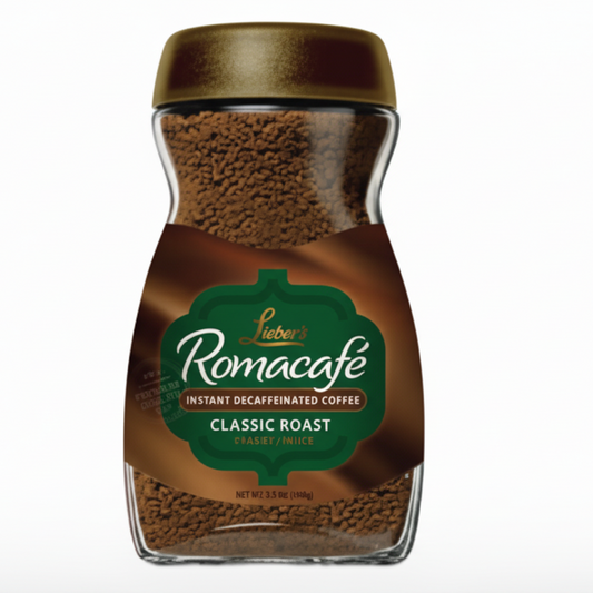 Jar of Romacafe instant decaffeinated coffee on a white background