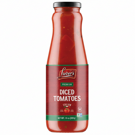 Bottle of Linder's diced tomatoes on a white background