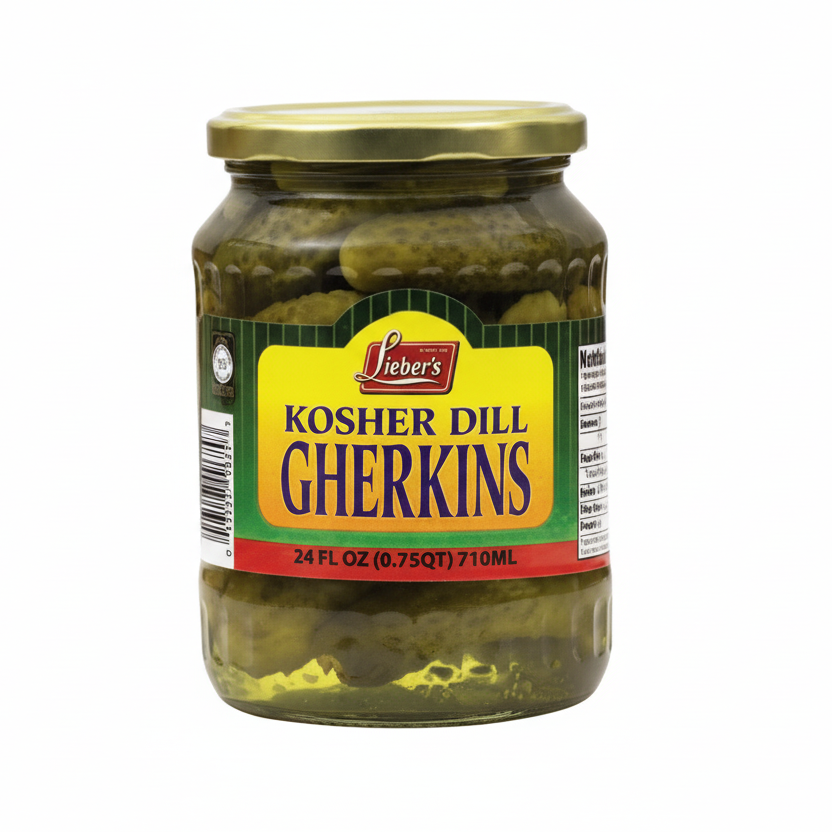 Jar of kosher dill gherkins with a yellow label on a white background