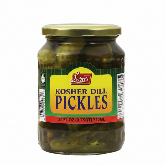 Jar of kosher dill pickles with a green label on a white background